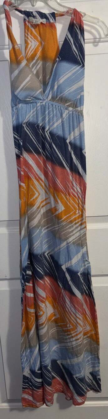 Derek Heart Geometric Chevron Maxi Dress Womens Medium Blue Orange Halter Knit M